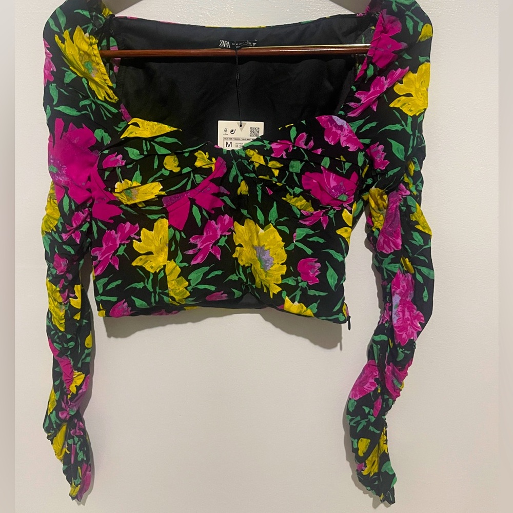 Zara Women’s Floral Print Sweetheart Neckline Long‎ Sleeve Crop Top - Picture 5 of 6